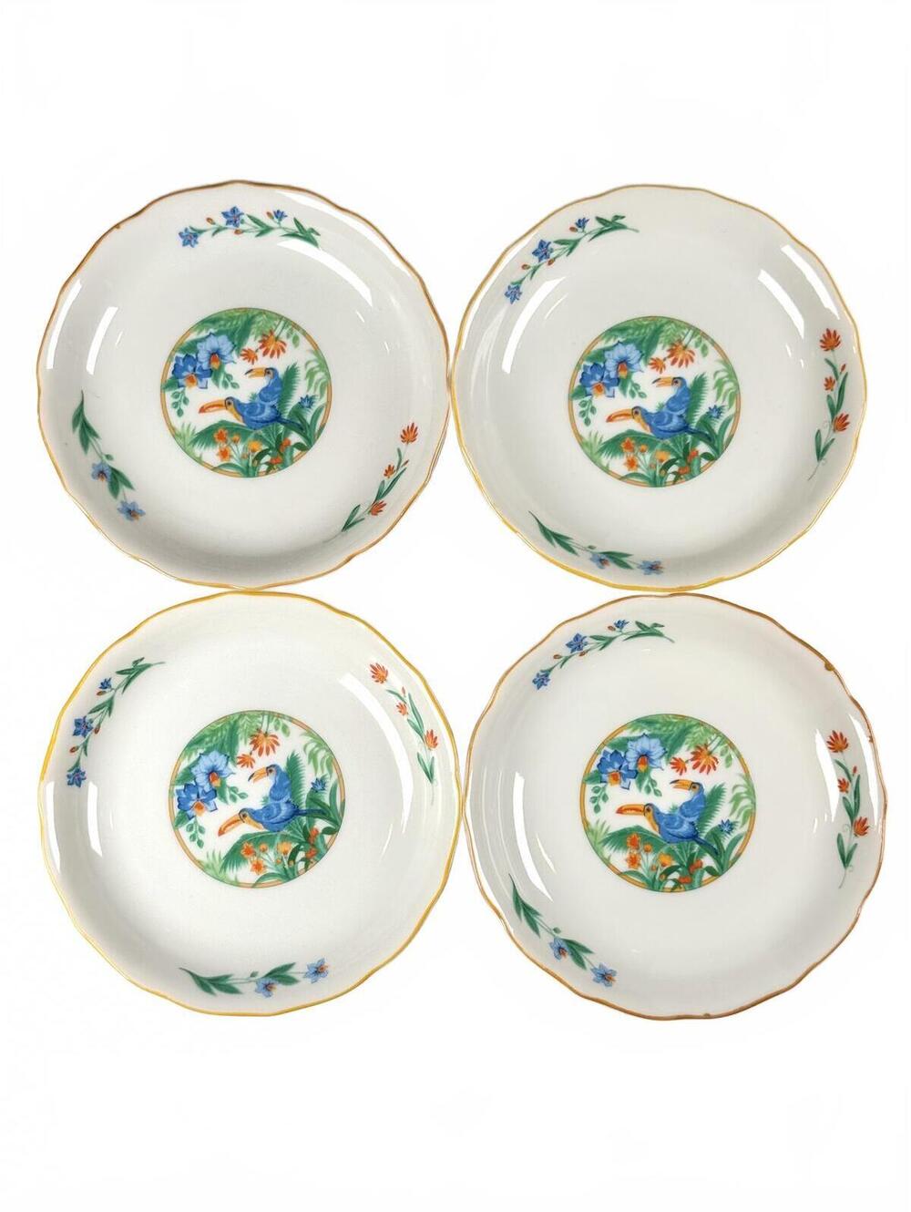 Set of 4 Vintage Dessert Plates Scalloped Rim Tropical Japan Toucan Porcelain